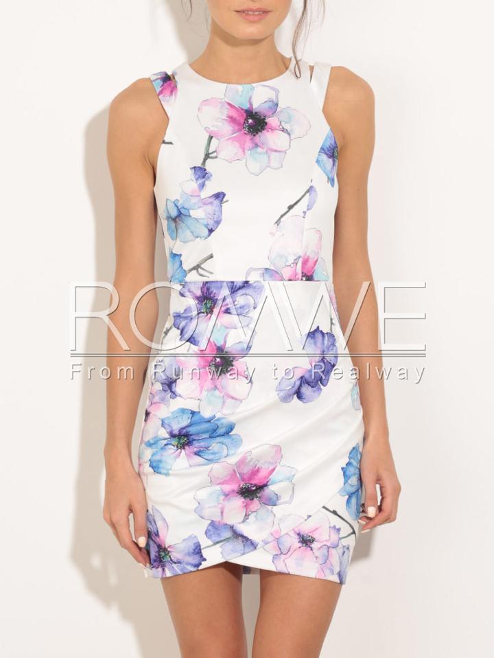 Romwe White Contrast Cut Out Floral Wrap Dress