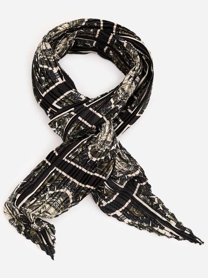 Romwe Olive Green Tribal Print Pleated Scarf