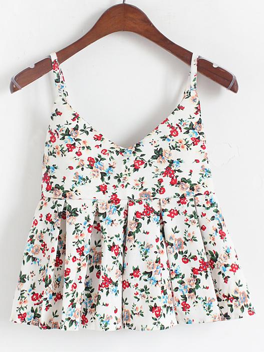 Romwe White Spaghetti Strap Florals Pleated Cami Top