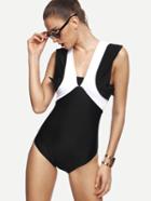 Romwe Black Contrast Panel Ruffle Sleeve One Piece Swimwear