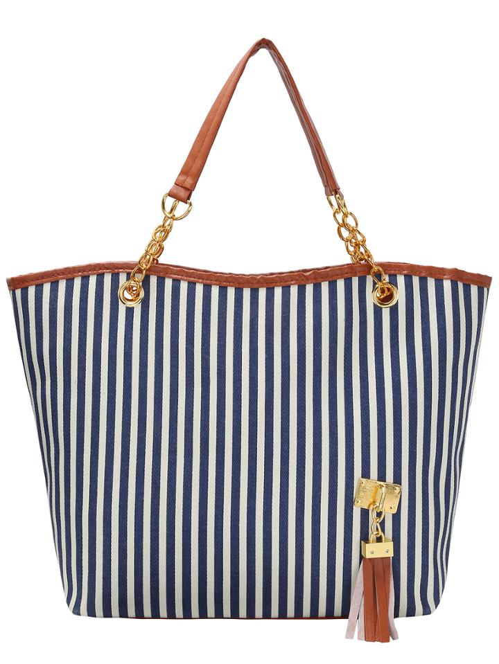 Romwe Blue Vertical Striped Tassel Canvas Shoulder Bag