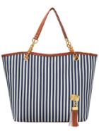 Romwe Blue Vertical Striped Tassel Canvas Shoulder Bag