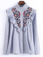 Romwe Blue Vertical Striped Flower Embroidered Ruffle Shirt