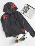 Romwe Rose Embroidered Heather Knit Hoodie