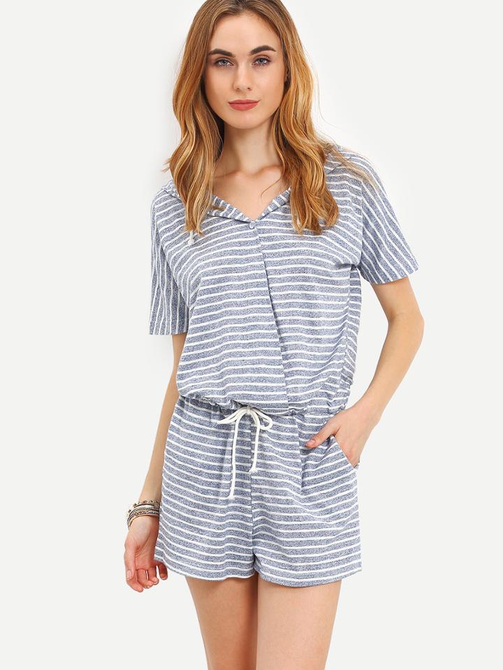 Romwe Striped Drawstring Waist Hooded Romper