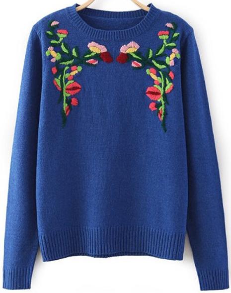 Romwe Embroidered Knit Blue Sweater