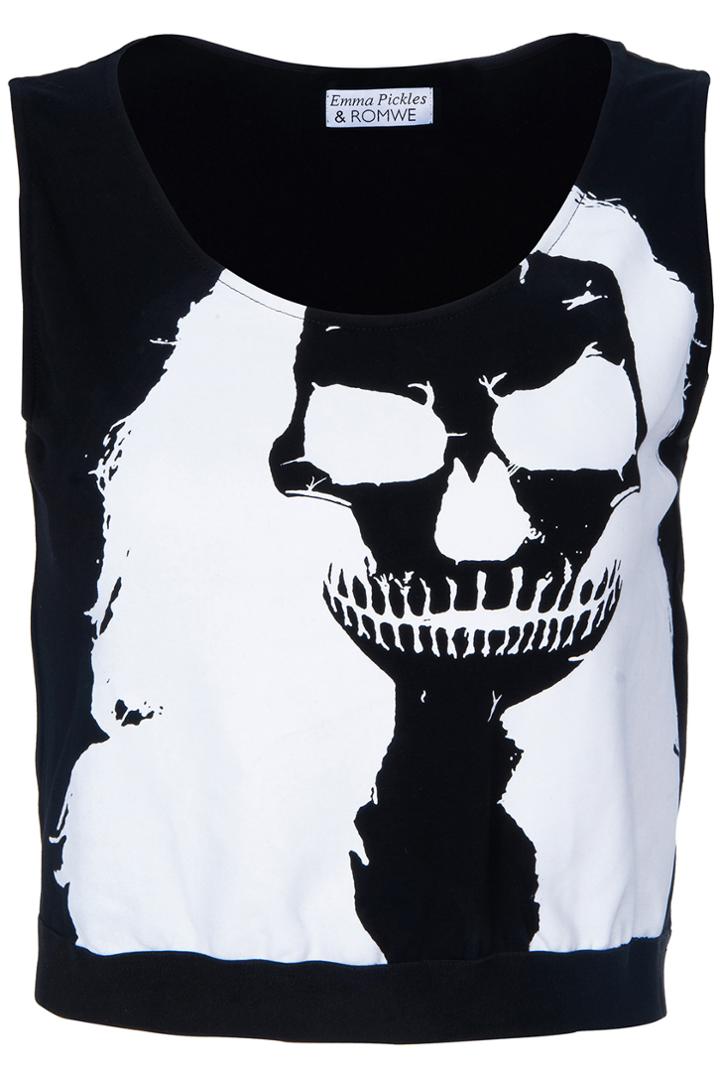 Romwe White Long-haired Skull Printed Black Tank Top