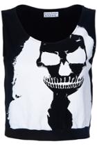 Romwe White Long-haired Skull Printed Black Tank Top