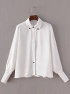 Romwe White Lantern Sleeve Covered Button Blouse