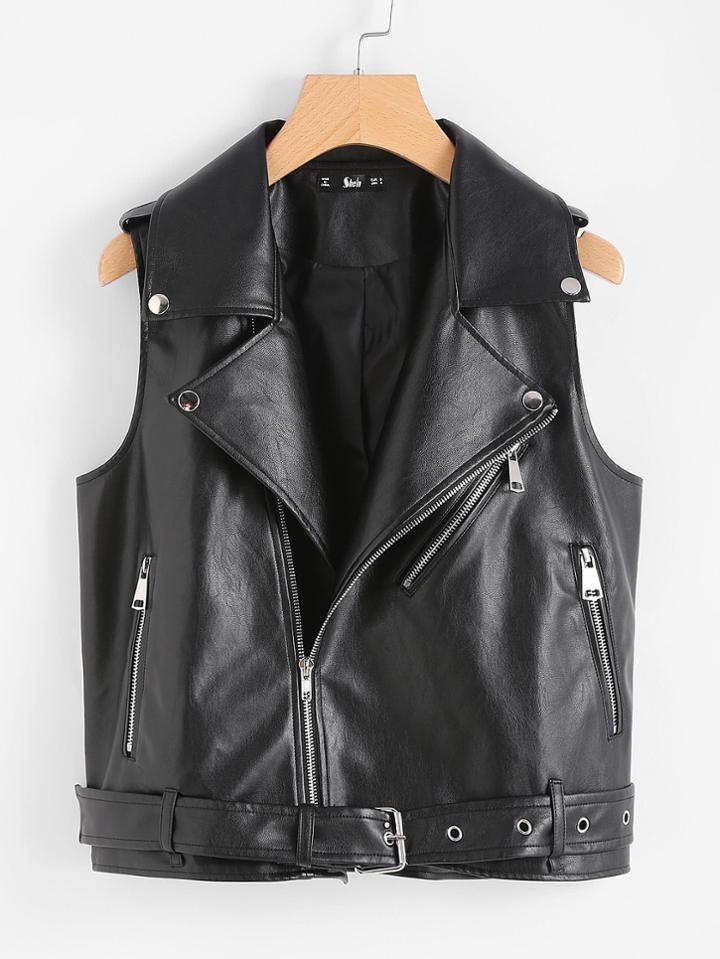 Romwe Belted Hem Faux Leather Sleeveless Biker Jacket