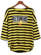 Romwe Dip Hem Striped Duck Print Yellow T-shirt