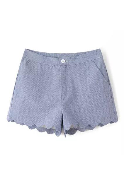 Romwe Wave Hem Houndstooth Print Blue Shorts