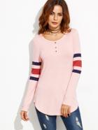 Romwe Pink Button Front Varsity Striped Sleeve T-shirt