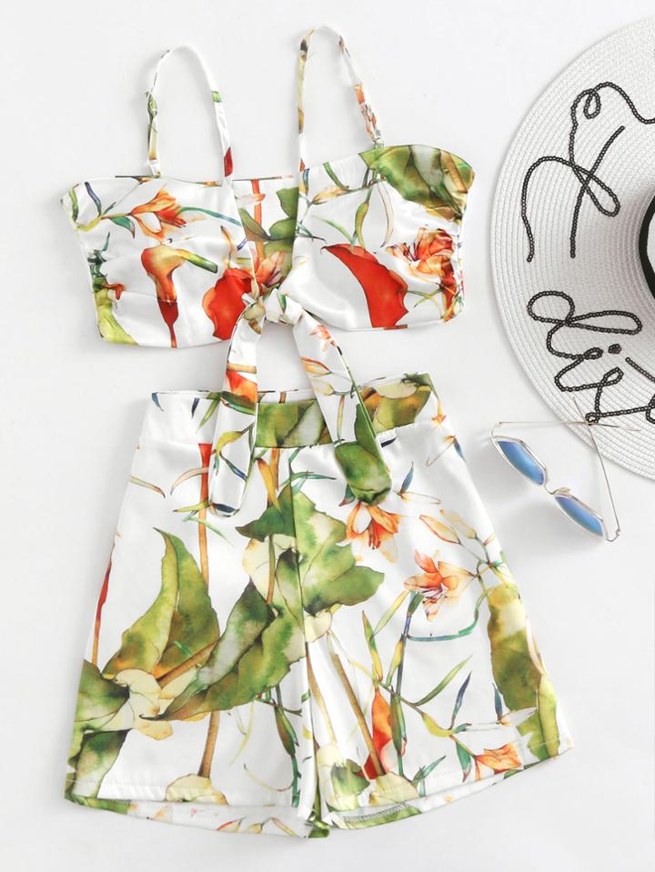 Romwe All Over Botanical Print Knotted Cami Top With Shorts