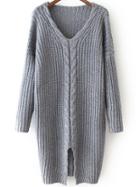 Romwe V Neck Split Front Grey Sweater Dress