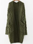Romwe Army Green Cable Knit Front Pocket Long Sweater Coat