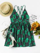 Romwe Plunging Neckline Pineapple Print Strappy Cami Dress