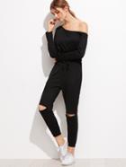 Romwe Black One Shoulder Cutout Knee Drawstring Jumpsuit
