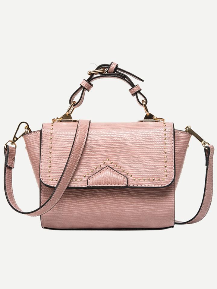 Romwe Pink Lizard Embossed Studded Trapeze Satchel Bag