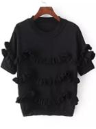 Romwe Short Sleeve Fungus Edge Black Sweater