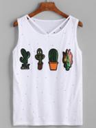 Romwe White Cactus Sequined Cutout Distressed Tank Top