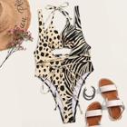 Romwe Leopard & Zebra Print Suspender Bikini Set