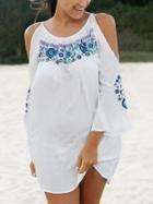 Romwe White Cold Shoulder Embroidered Dress