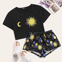 Romwe Graphic Print Top & Drawstring Waist Shorts Set