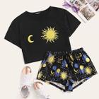 Romwe Graphic Print Top & Drawstring Waist Shorts Set