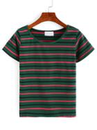Romwe Stiped Print Short Sleeve T-shirt - Olive Green