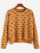 Romwe Khaki Dropped Shoulder Seam High Low Pattern Sweater