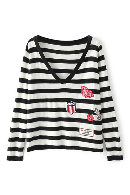 Romwe Striped V Neck Black Jumper