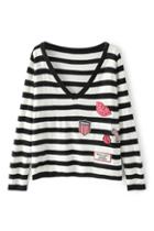 Romwe Striped V Neck Black Jumper