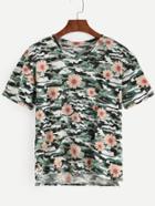 Romwe Army Green Camouflage Daisy Print T-shirt