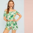 Romwe Pineapple & Tropical Print Frill Trim Top With Shorts