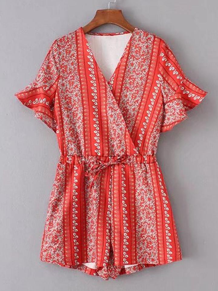 Romwe Bell Sleeve Drawstring Waist Playsuit