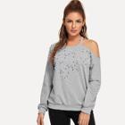 Romwe Cold Shoulder Pearl Beaded Detail Pullover
