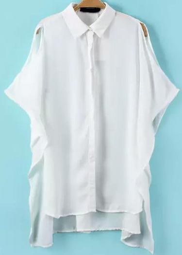 Romwe Dip Hem Bat Sleeve Hollow Chiffon Blouse