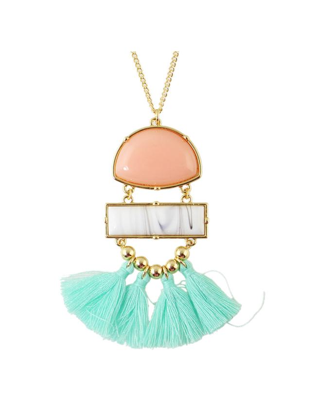 Romwe Pink Turquoise Tassel Long Necklace