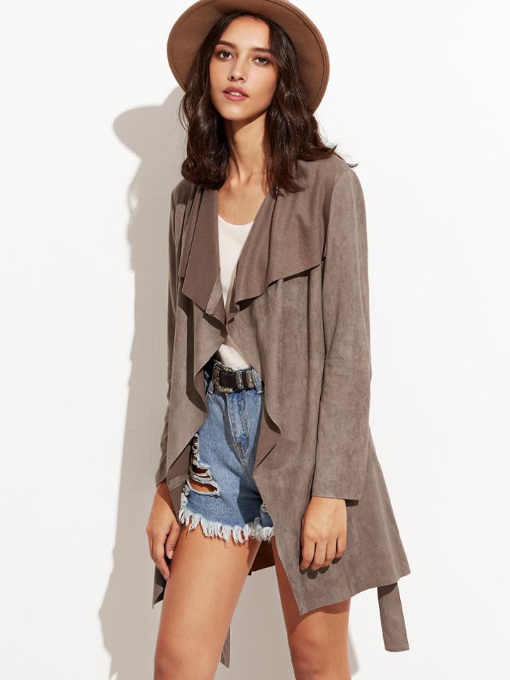 Romwe Brown Suede Waterfall Wrap Coat