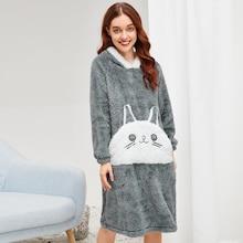 Romwe Cat Pattern Plush Hooded Dress