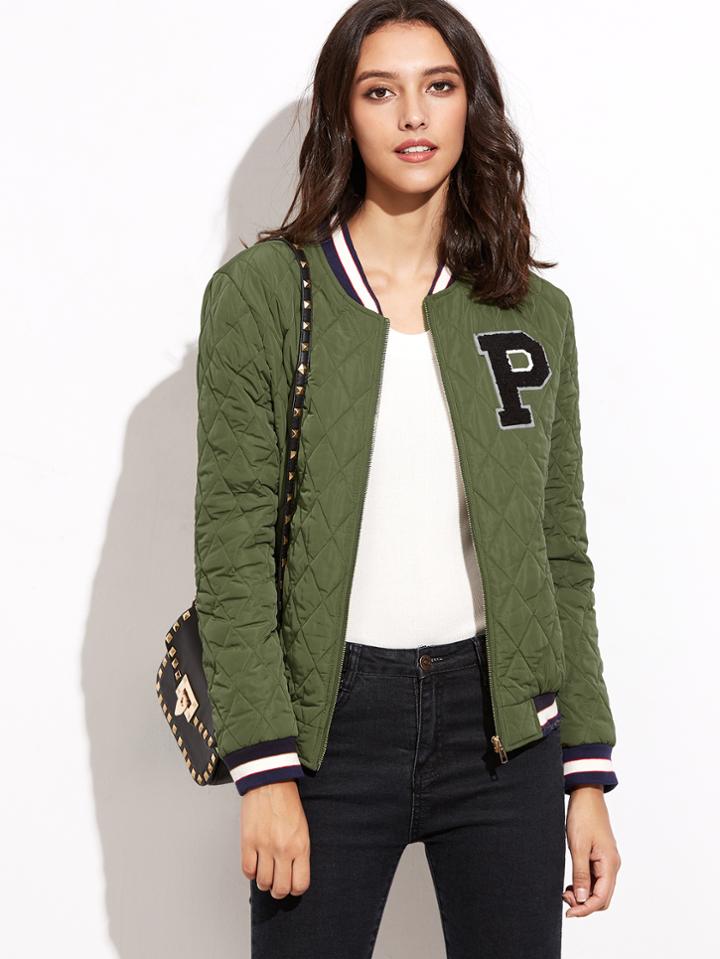 Romwe Olive Green Striped Trim Quilted Padded Jacket With Letter Patch