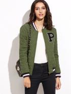 Romwe Olive Green Striped Trim Quilted Padded Jacket With Letter Patch