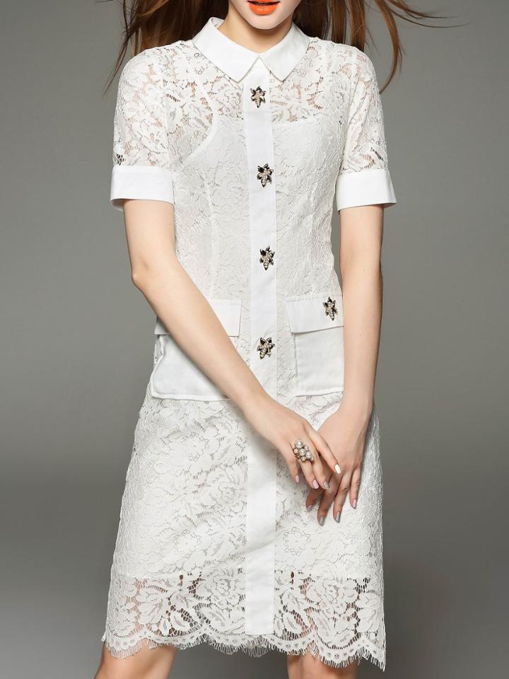 Romwe White Pockets Scallop Lace Knee Length Dress