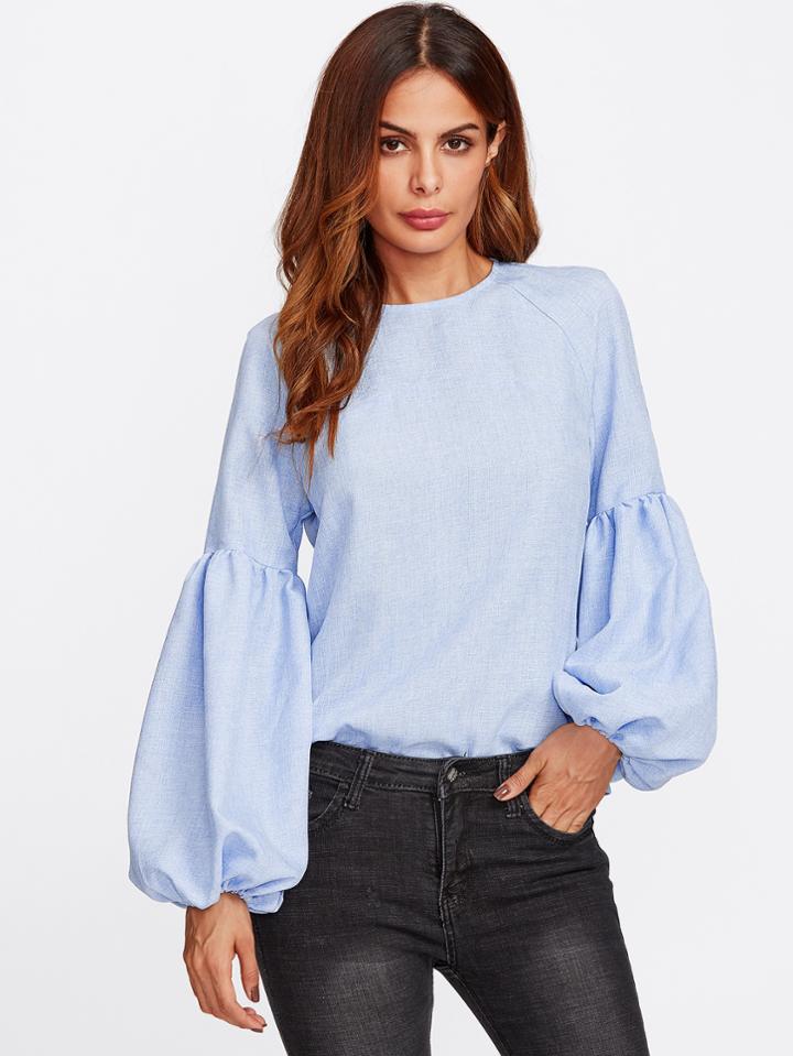 Romwe Exaggerated Lantern Sleeve Keyhole Back Top