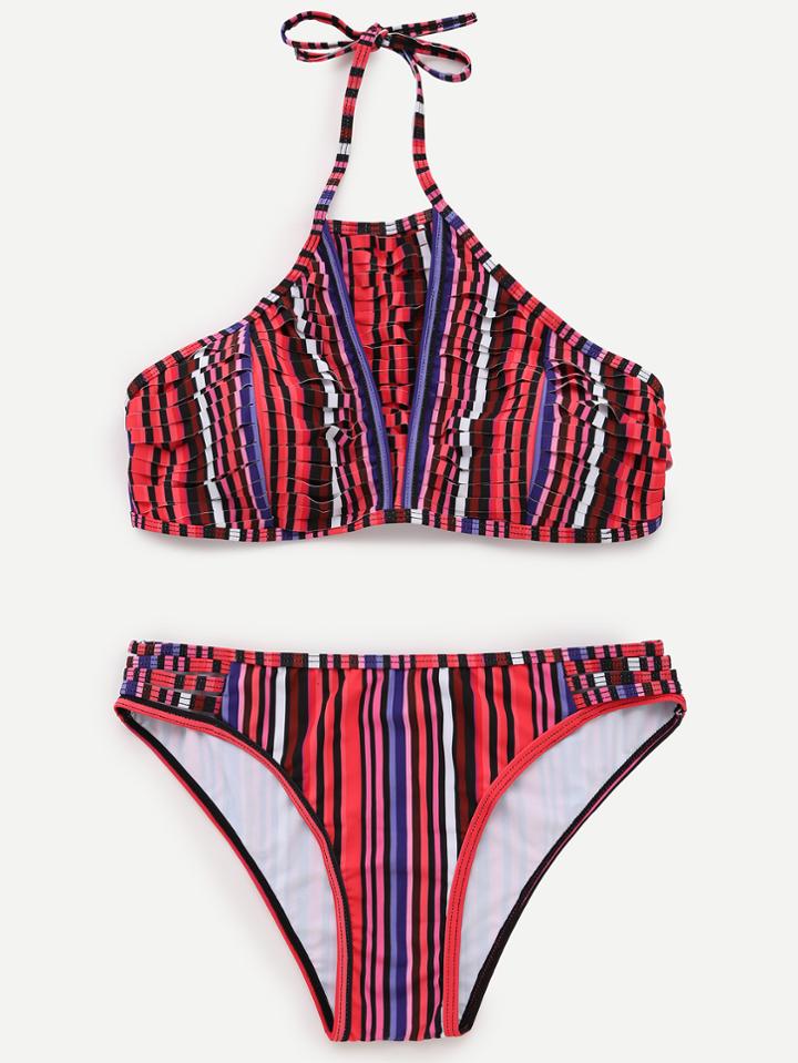 Romwe Multicolor Striped Ripped Bikini Set