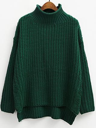 Romwe Turtleneck Dip Hem Split Side Army Green Sweater