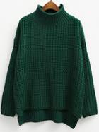 Romwe Turtleneck Dip Hem Split Side Army Green Sweater