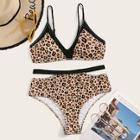 Romwe Contrast Trim Leopard Top With Cut-out Bikini Set