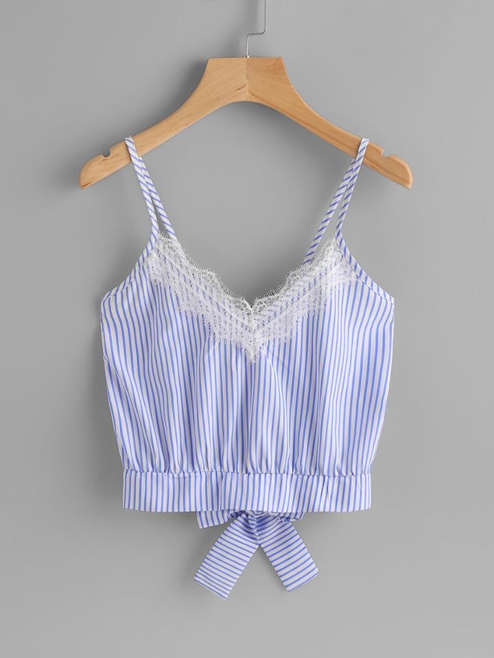 Romwe Vertical Striped Split Bow Tie Back Cami Top